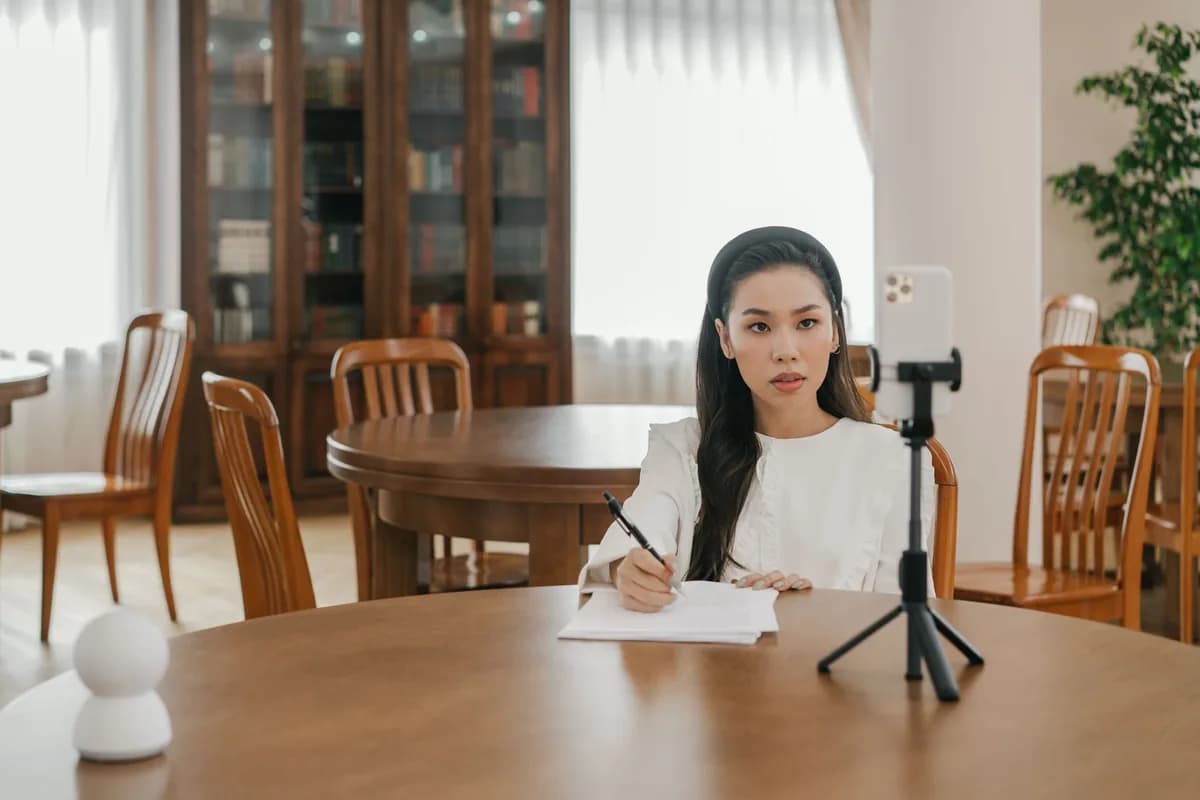 Educadora grabando una clase online con un teléfono sobre trípode en su escritorio