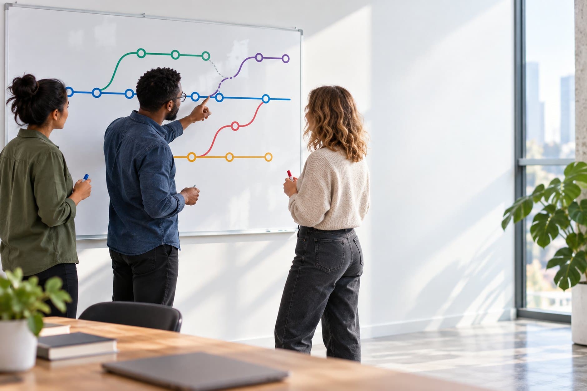 Equipo señalando un diagrama abstracto de ramas y uniones dibujado en una pizarra blanca
