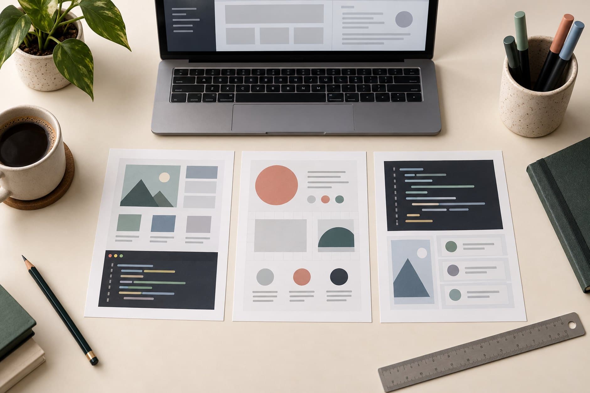 Tres fichas impresas con bocetos de proyectos y una laptop mostrando un wireframe abstracto sobre una mesa