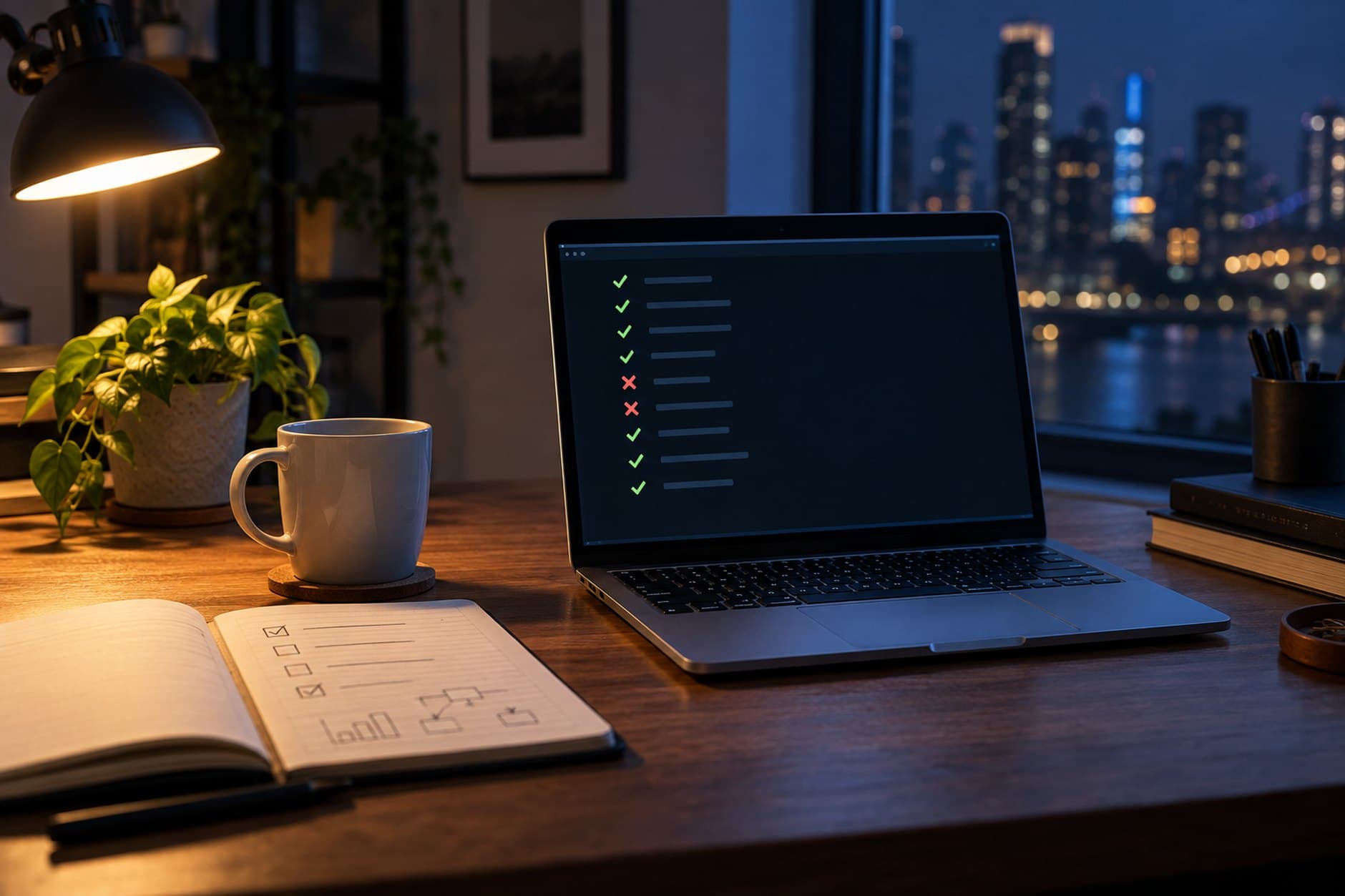 Pantalla de terminal con marcas verdes de pruebas aprobadas junto a un cuaderno de apuntes en un escritorio