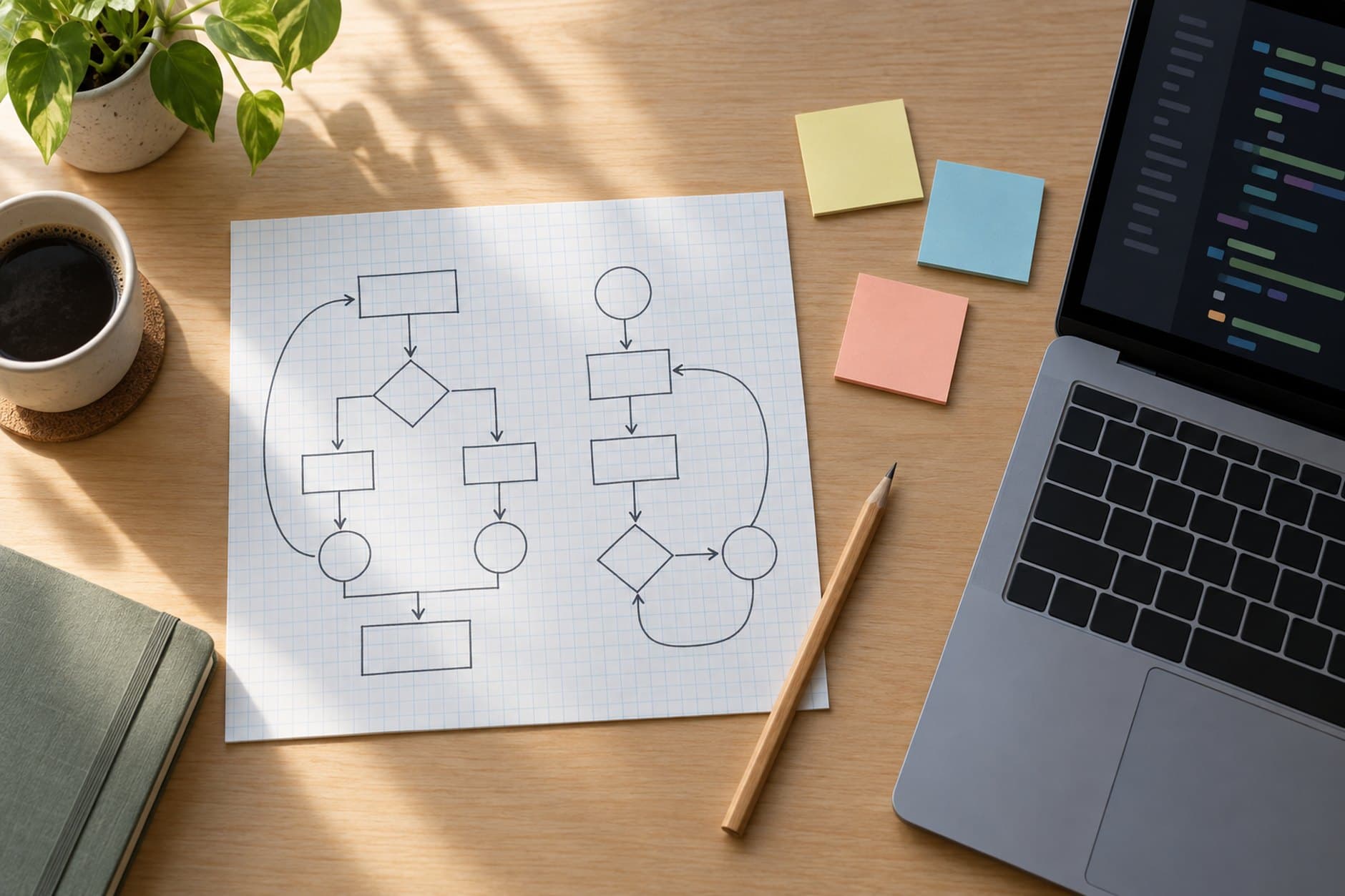 Cuaderno con diagramas de lógica dibujados a mano junto a una laptop para practicar ejercicios de programación