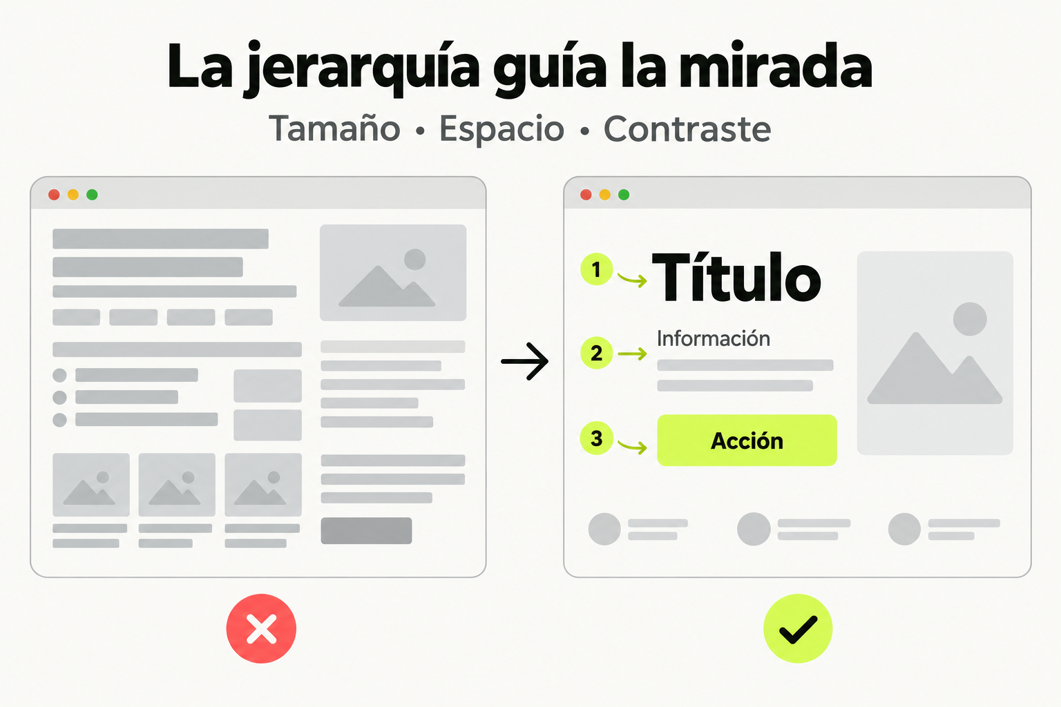 Comparación de una interfaz sin jerarquía y otra con título, información y acción claramente ordenados.