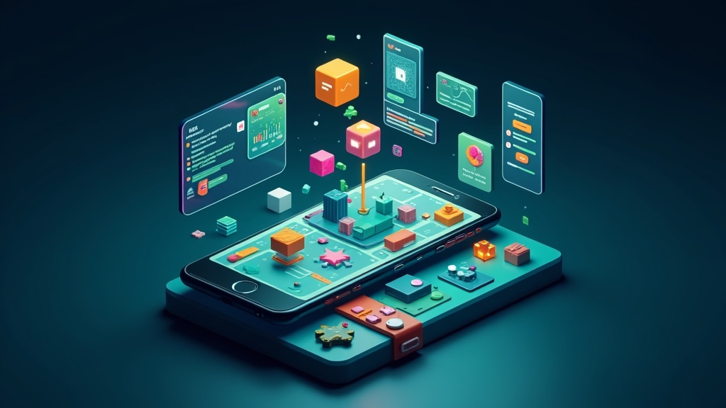 Ilustración de una app no-code con pantallas, datos y bloques conectados
